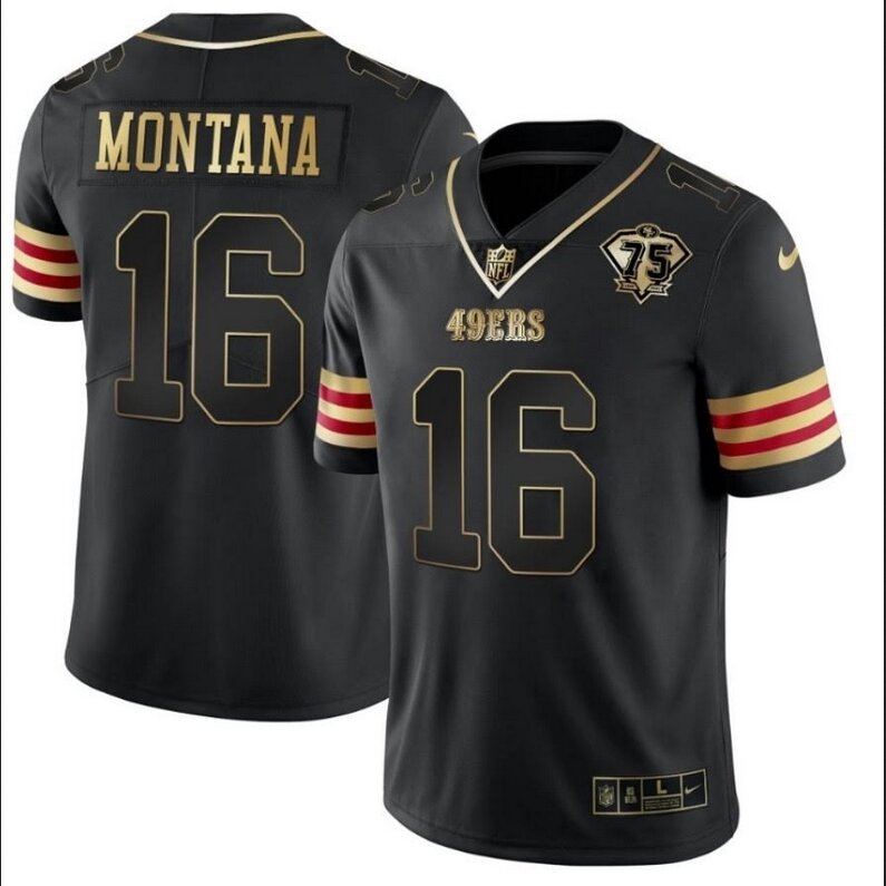 Men San Francisco 49ers #16 Montana Black 2024 Nike 75 Patch Vapor NFL Jersey style 1->women nfl jersey->Women Jersey